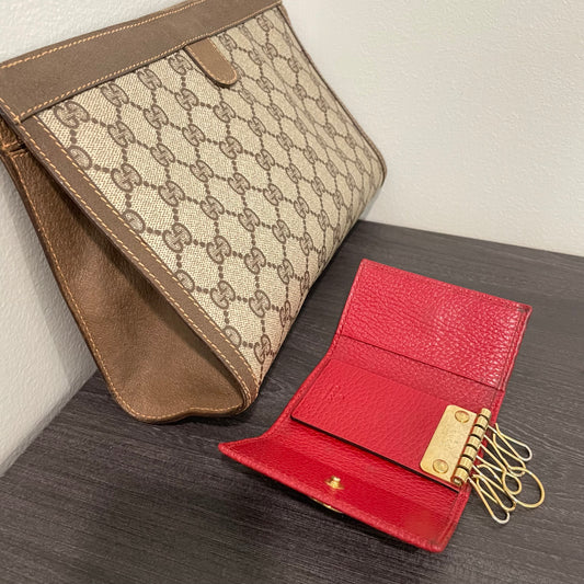 SOLD! Gucci GG Canvas Web Sherry Line Clutch Bag & Gucci GG Marmont Leather Key Case