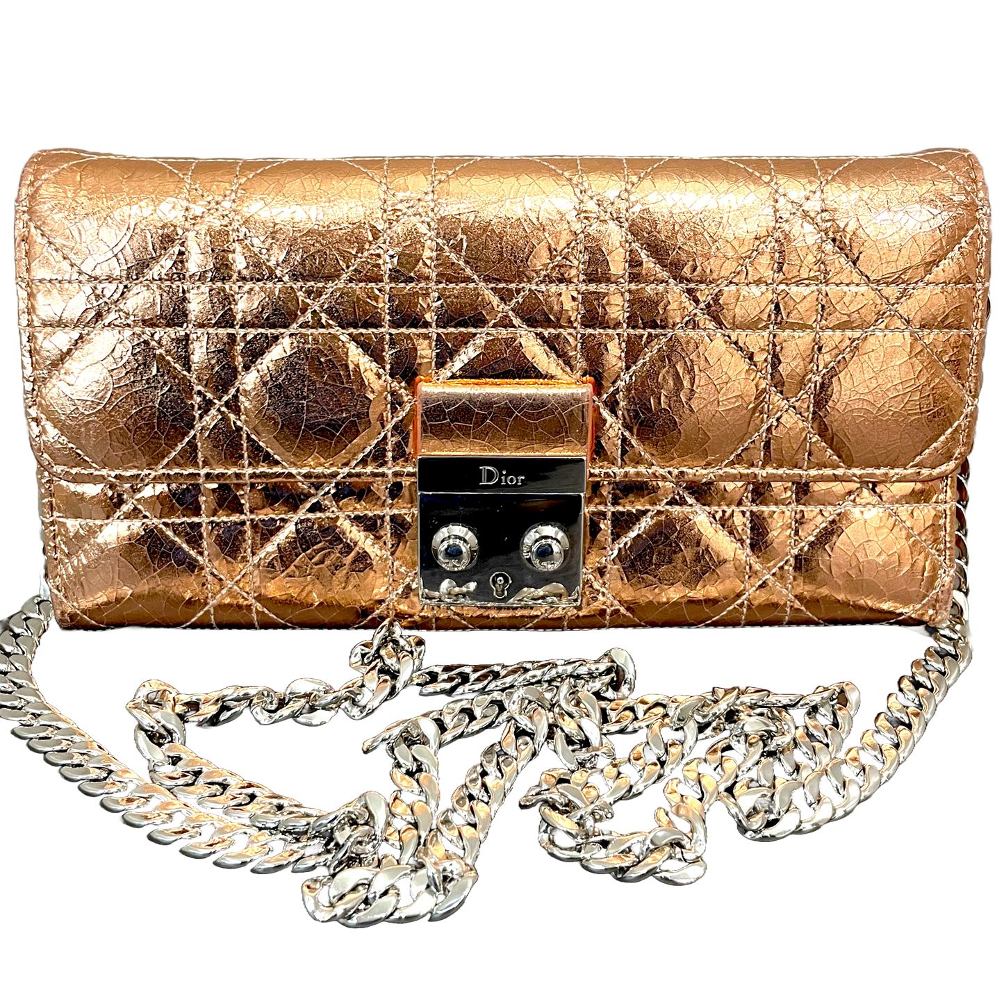 CHRISTIAN DIOR Cannage Leather Metallic Rose Gold Promenade Wallet on Chain