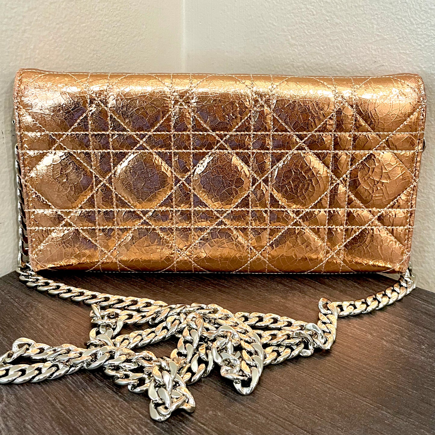 CHRISTIAN DIOR Cannage Leather Metallic Rose Gold Promenade Wallet on Chain