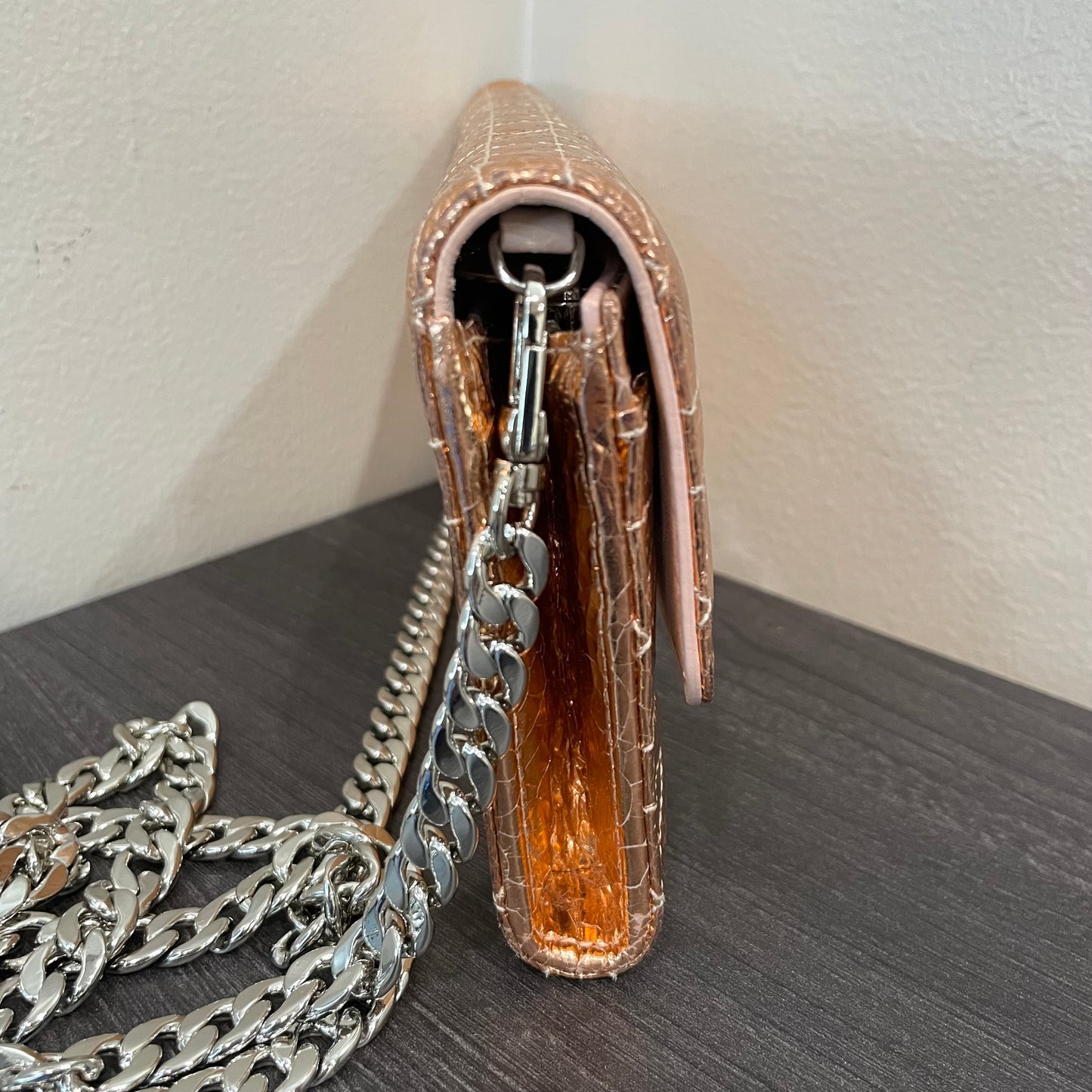 CHRISTIAN DIOR Cannage Leather Metallic Rose Gold Promenade Wallet on Chain
