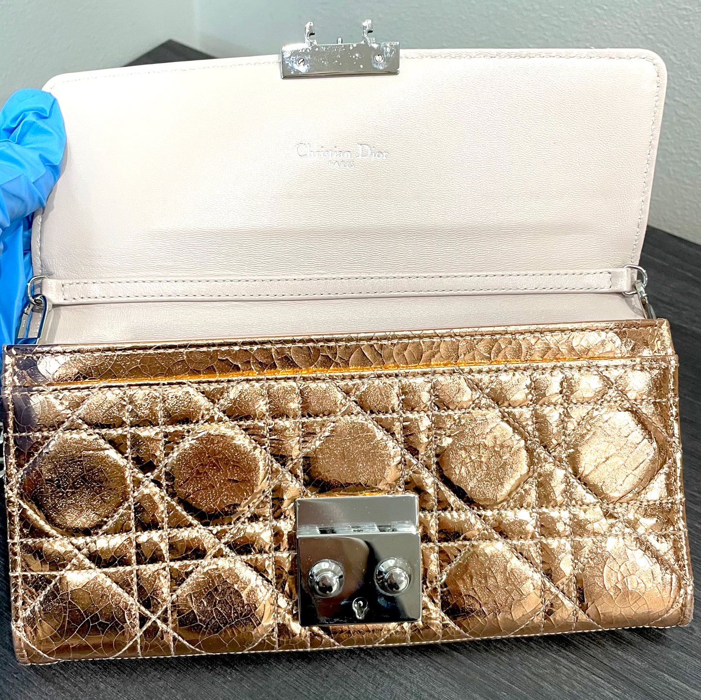 CHRISTIAN DIOR Cannage Leather Metallic Rose Gold Promenade Wallet on Chain