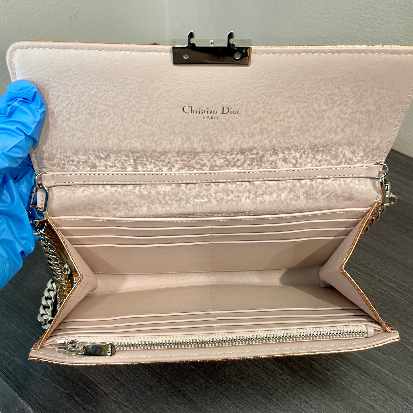 CHRISTIAN DIOR Cannage Leather Metallic Rose Gold Promenade Wallet on Chain