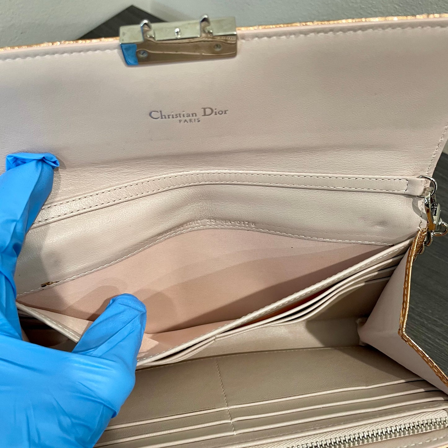 CHRISTIAN DIOR Cannage Leather Metallic Rose Gold Promenade Wallet on Chain