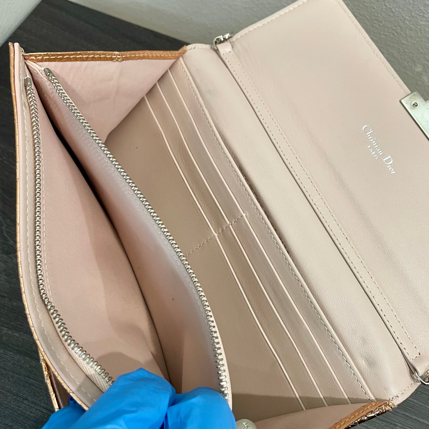 CHRISTIAN DIOR Cannage Leather Metallic Rose Gold Promenade Wallet on Chain