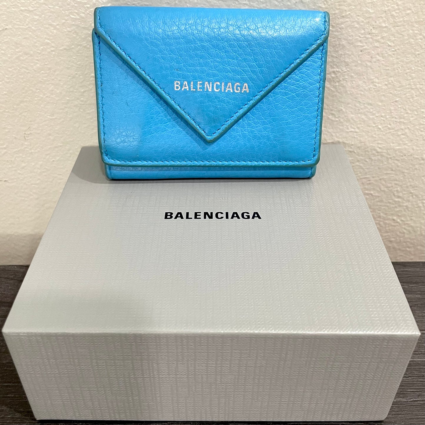 BALENCIAGA Sky Blue Mini Leather Wallet with Box