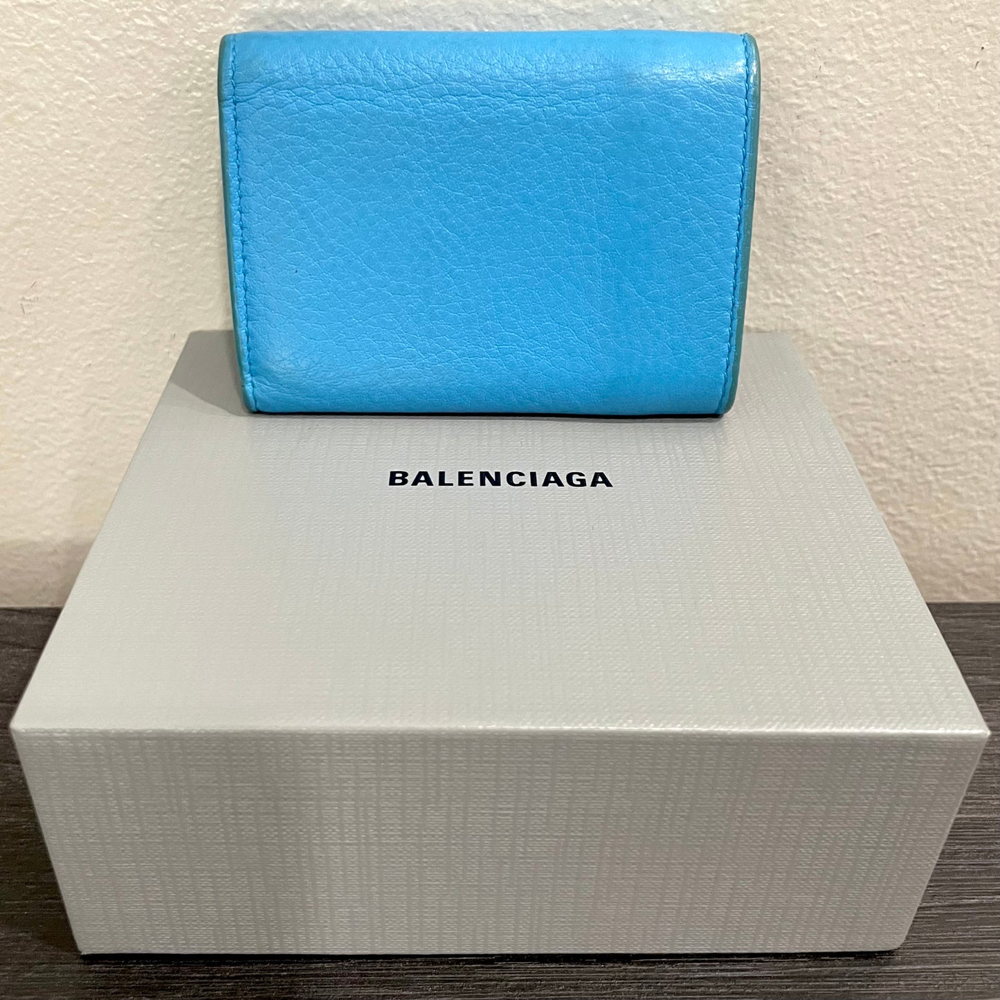 BALENCIAGA Sky Blue Mini Leather Wallet with Box