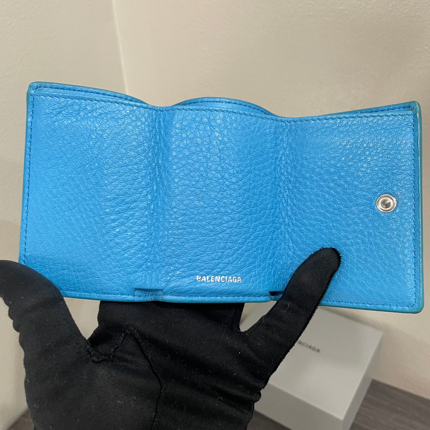 BALENCIAGA Sky Blue Mini Leather Wallet with Box