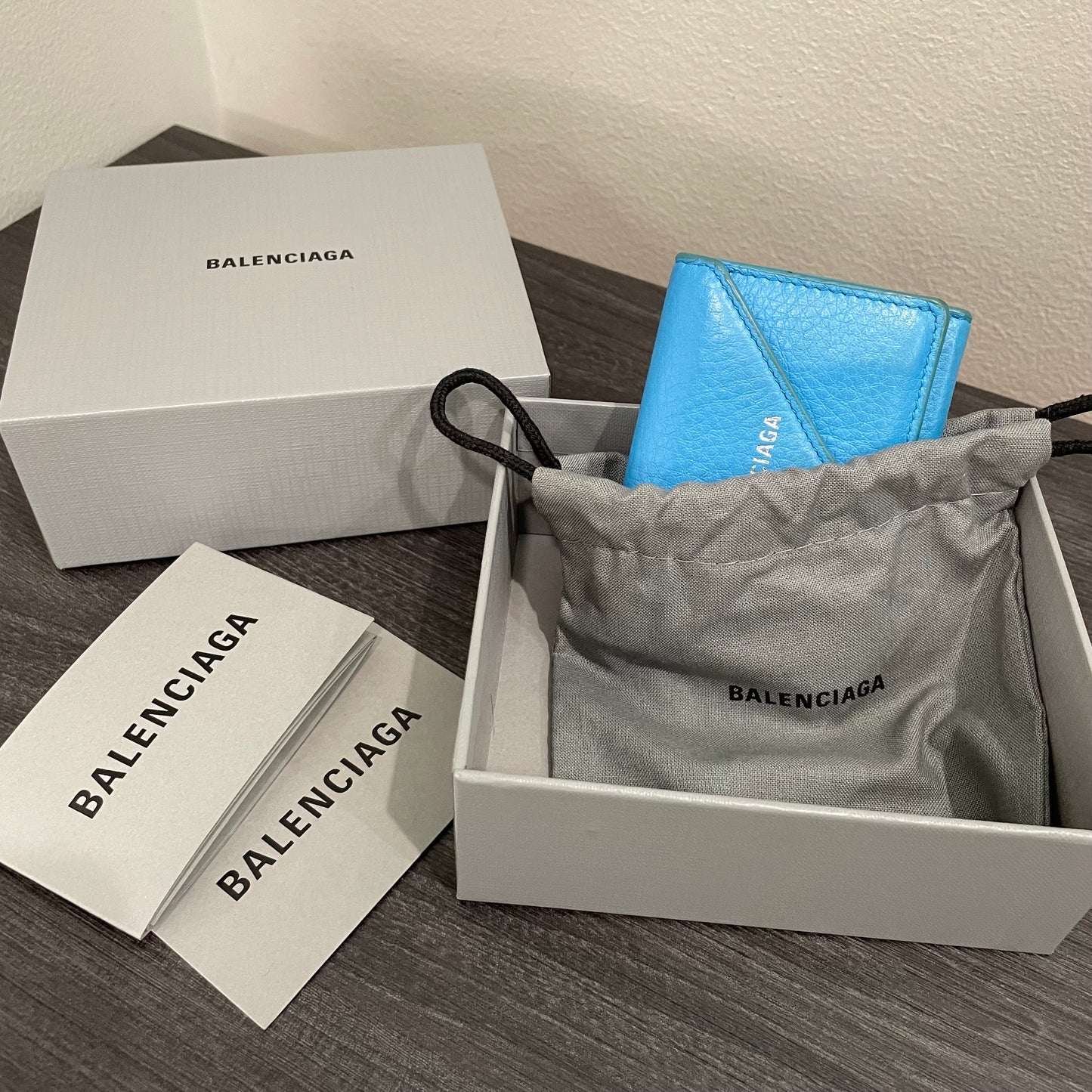 BALENCIAGA Sky Blue Mini Leather Wallet with Box