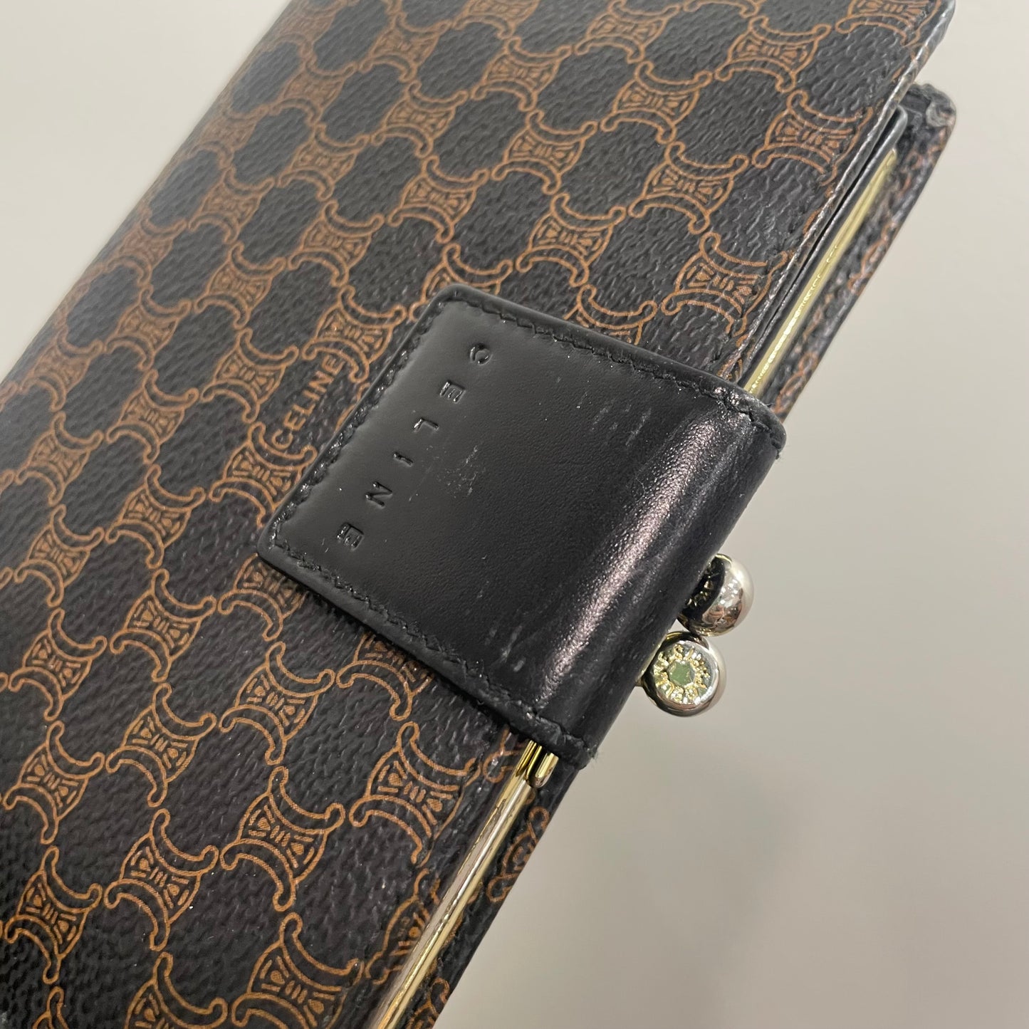 CELINE Brown Leather Wallet with Kiss Clasp