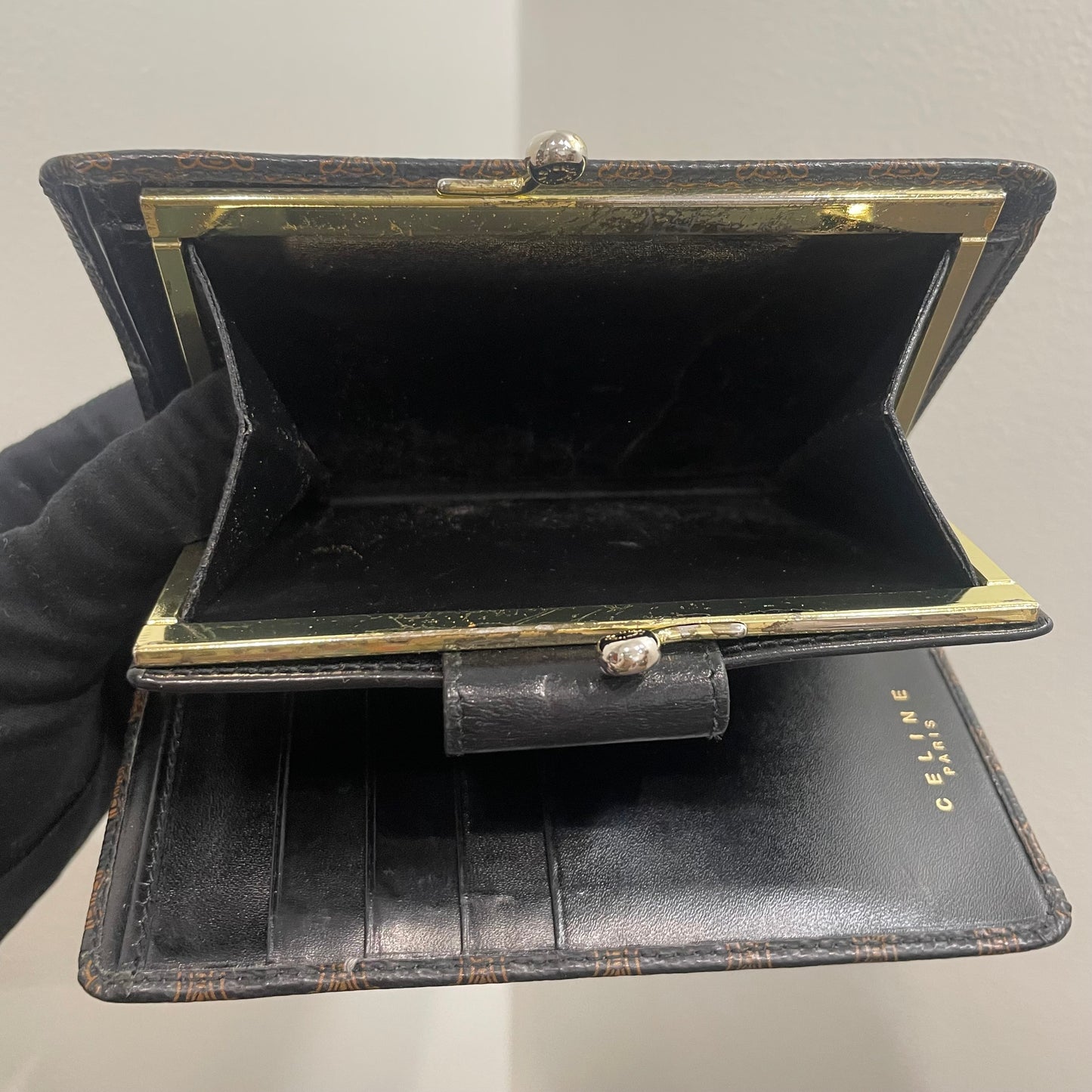 CELINE Brown Leather Wallet with Kiss Clasp