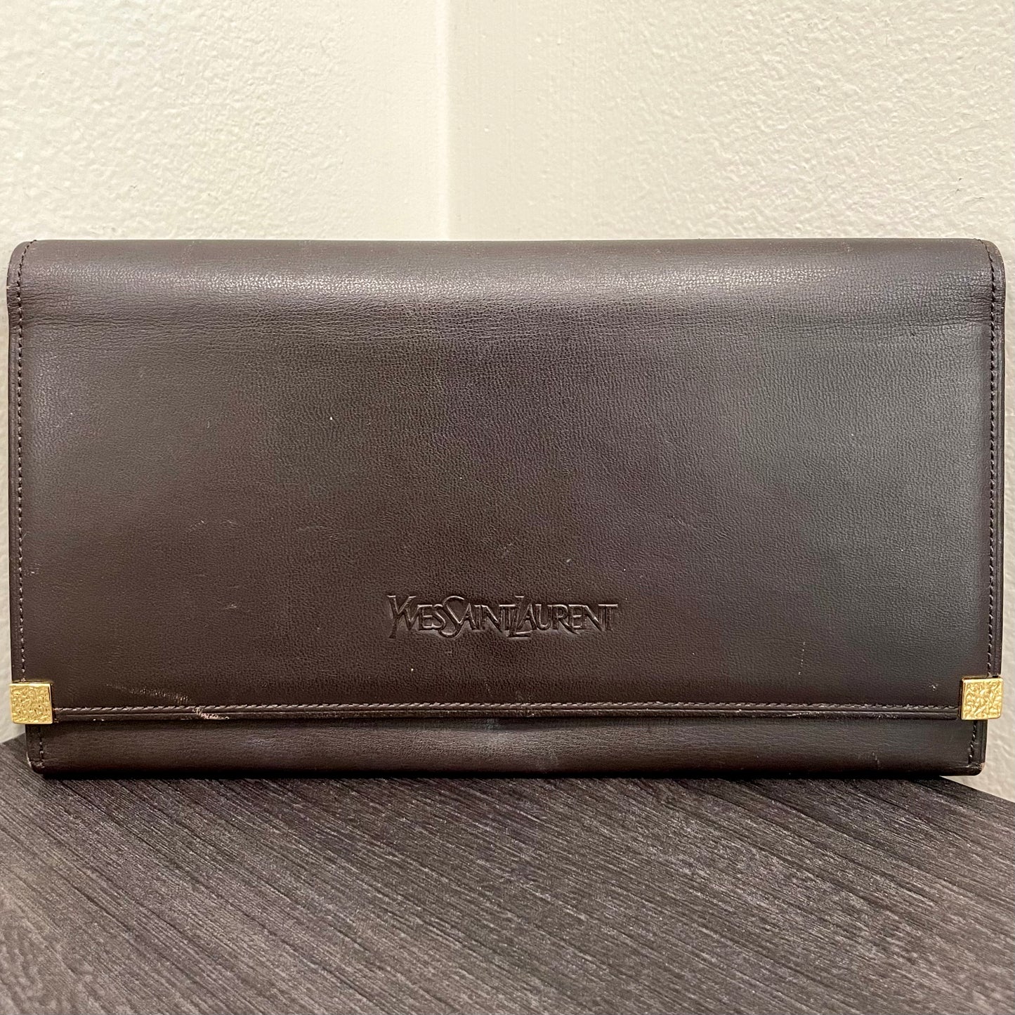 #152 YVES SAINT LAURENT Brown Leather Long Wallet
