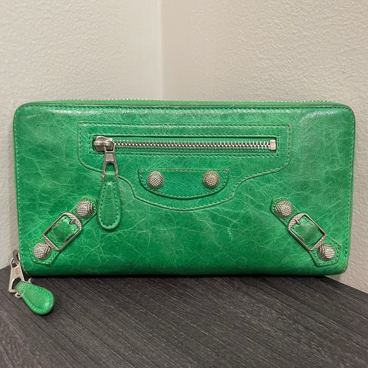 BALENCIAGA Green Leather Long Wallet