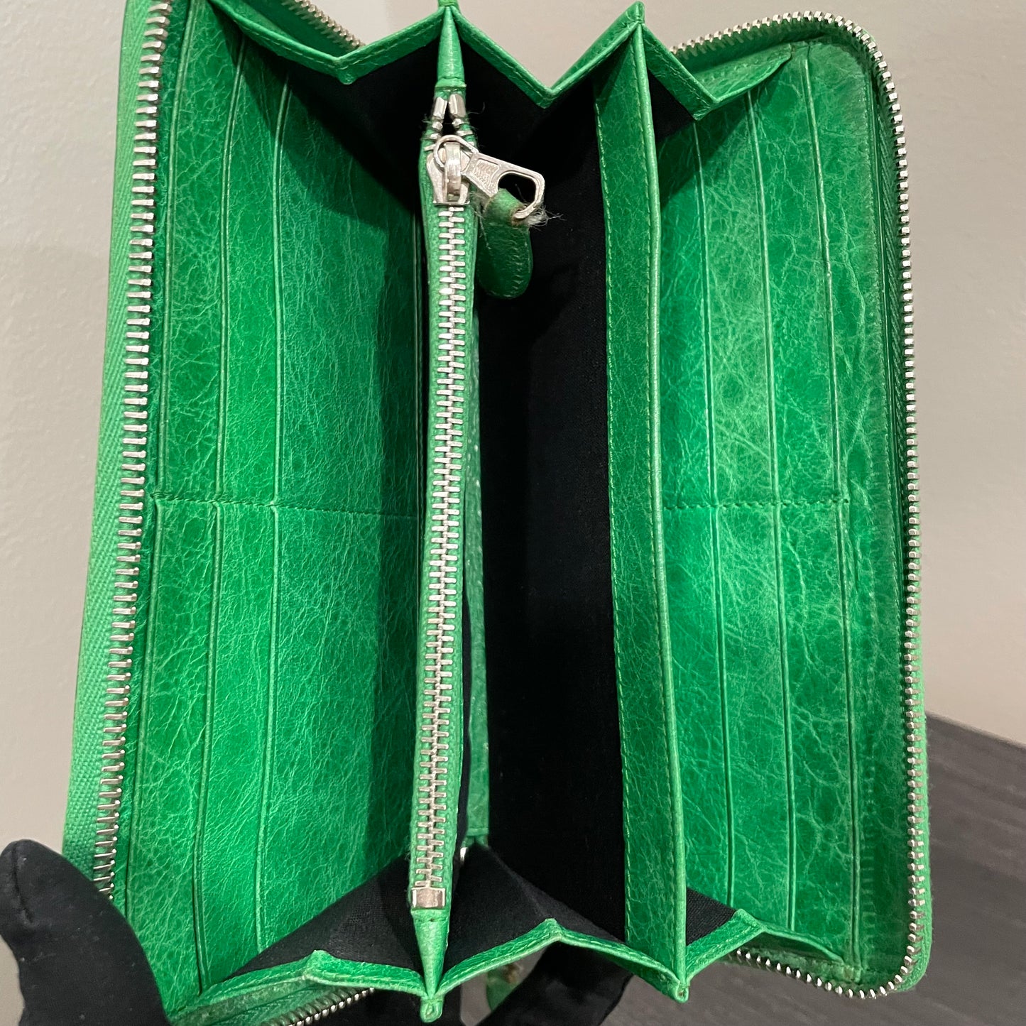 BALENCIAGA Green Leather Long Wallet