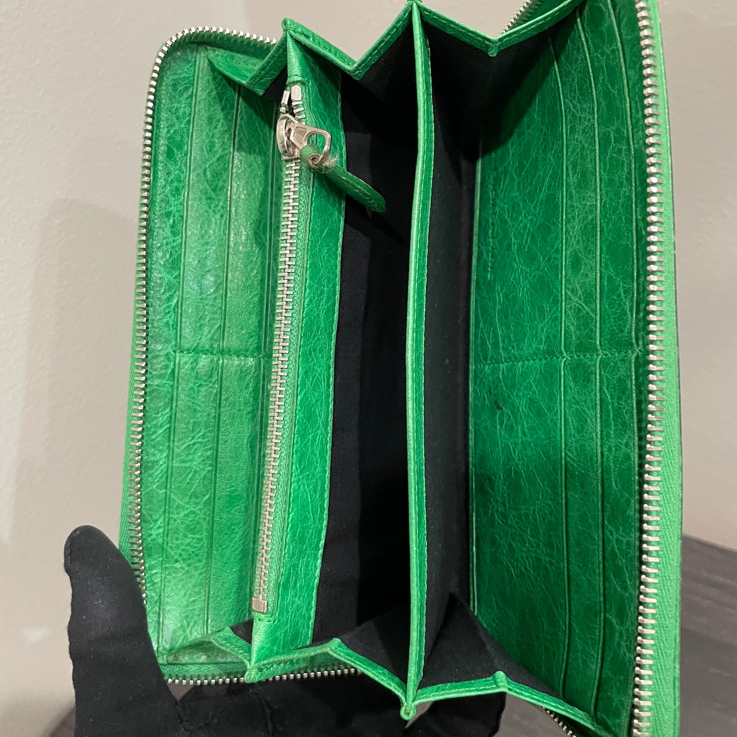 BALENCIAGA Green Leather Long Wallet
