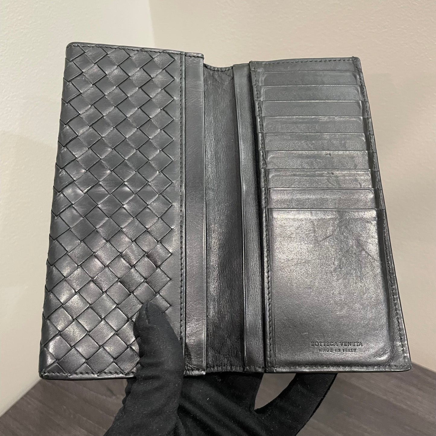 BOTTEGA VENETA Black Weave Leather Wallet