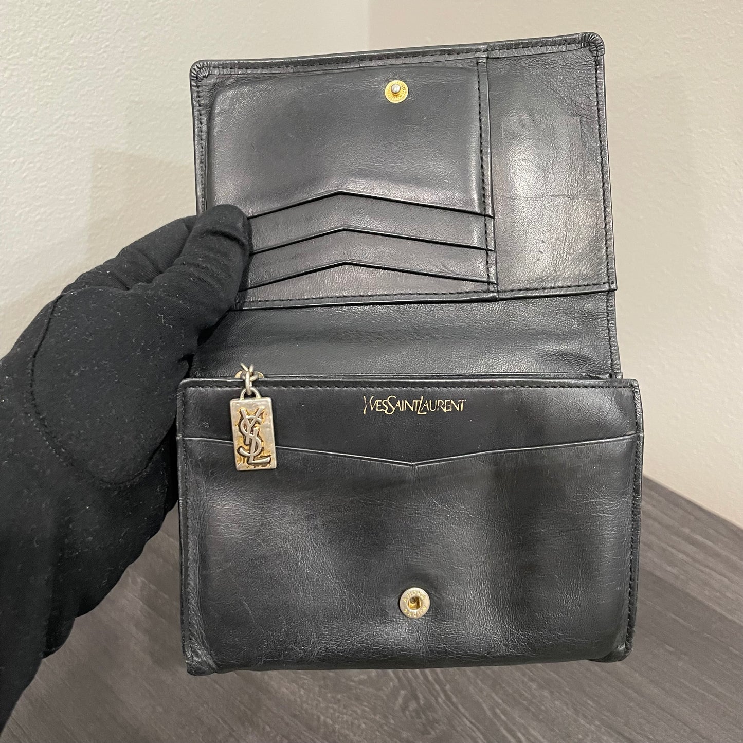 YVES SAINT LAURENT Black Leather Compact Wallet
