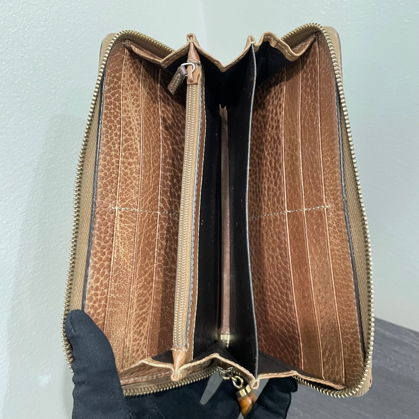 #130 GUCCI GG Leather Zippy Wallet with Bamboo Accent