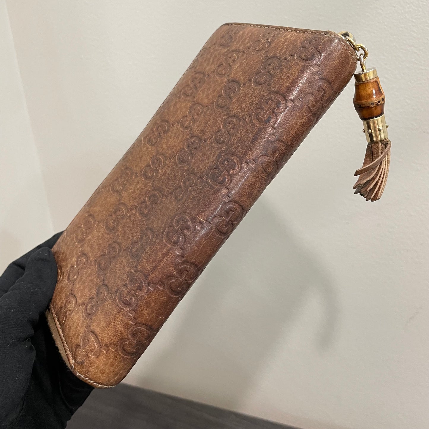 #130 GUCCI GG Leather Zippy Wallet with Bamboo Accent