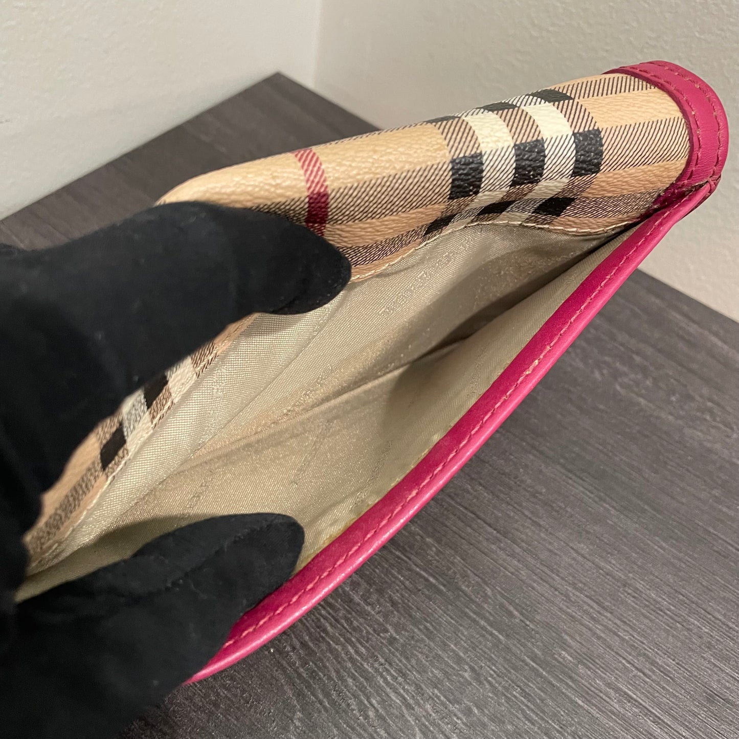 #140 BURBERRY Check Pink Leather Long Wallet