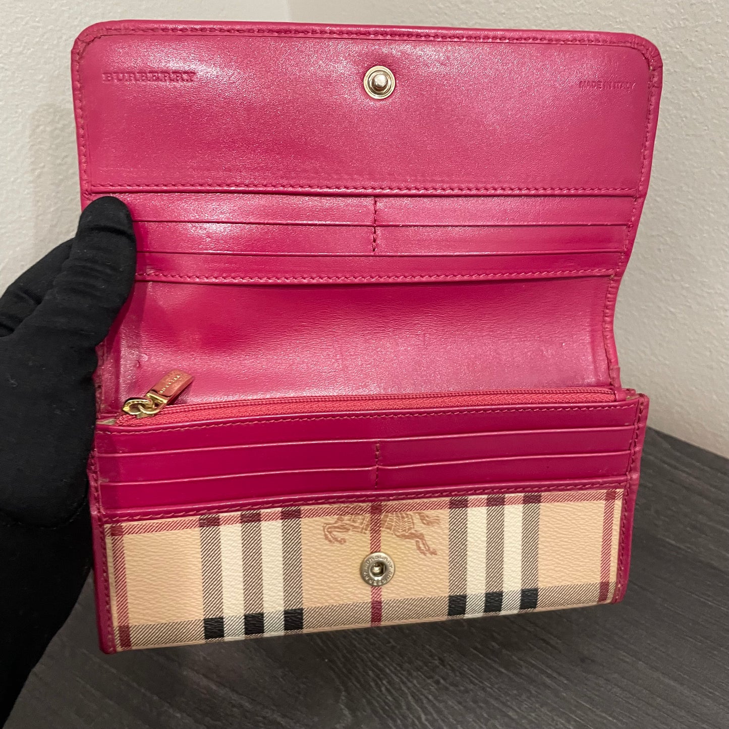 #140 BURBERRY Check Pink Leather Long Wallet