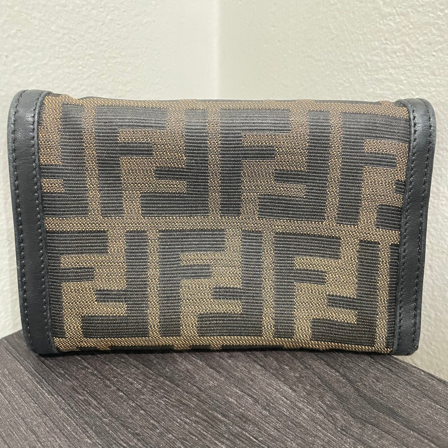 #173 FENDI Black Leather Canvas Compact Wallet