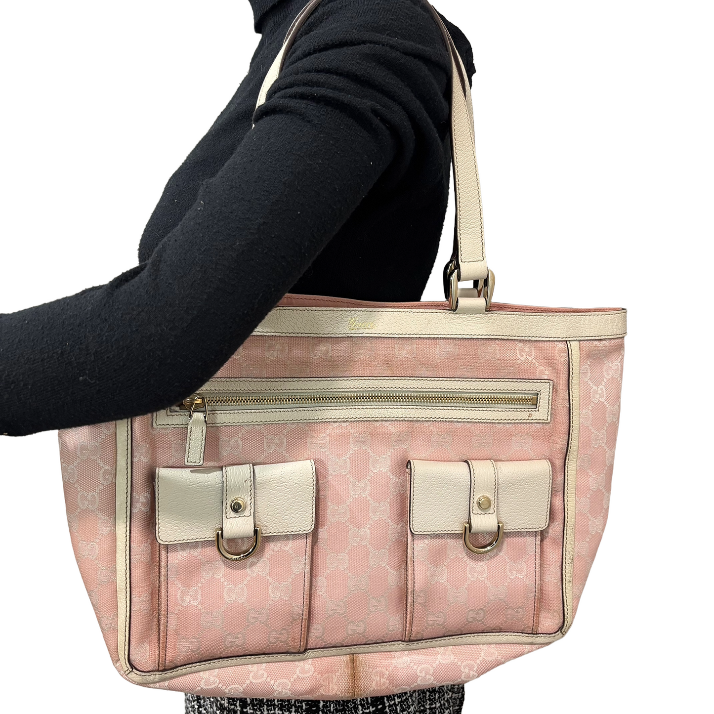 #1128 GUCCI GG Pink Canvas Abbey Pocket Shoulder Tote