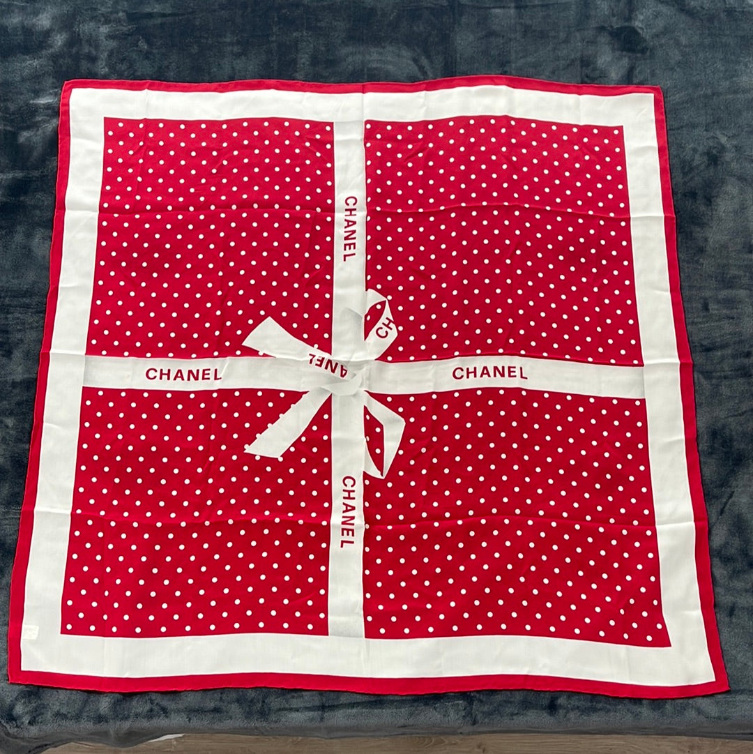 SOLD! CHANEL Red Silk Logo Ribbon Scarf