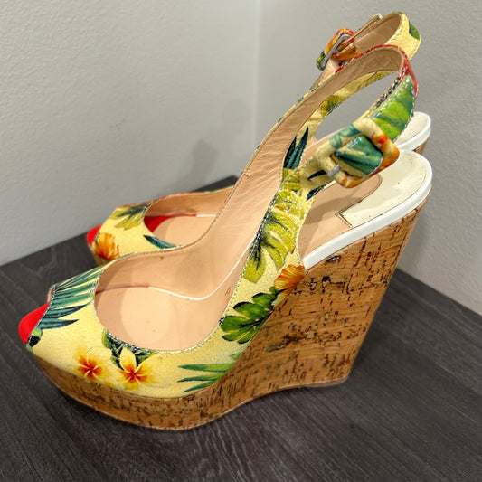 CHRISTIAN LOUBOUTIN Tropical Peep Toe Floral Wedges Size 36.5