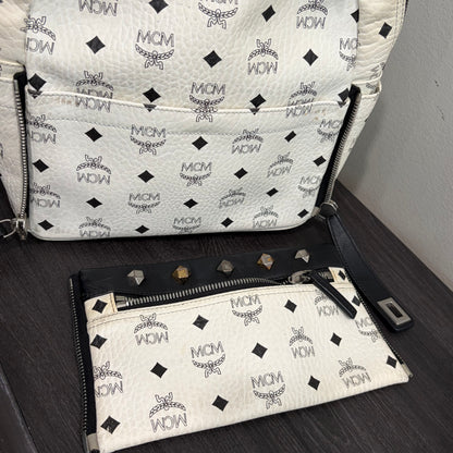 #1122 MCM White Visetos Hermosa Backpack w/ Removable Pouch