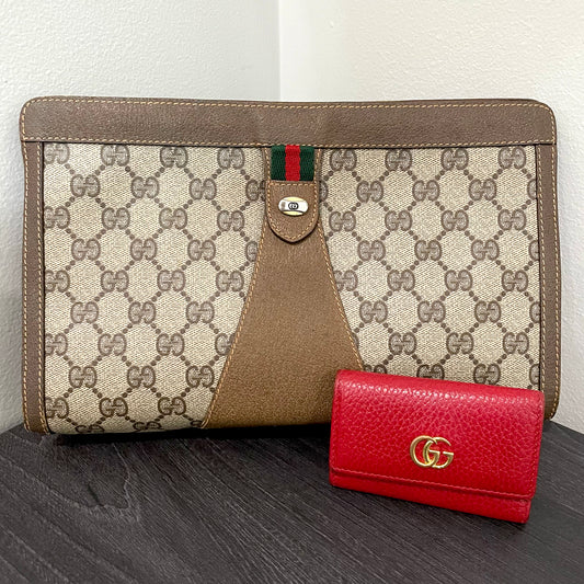 SOLD! Gucci GG Canvas Web Sherry Line Clutch Bag & Gucci GG Marmont Leather Key Case