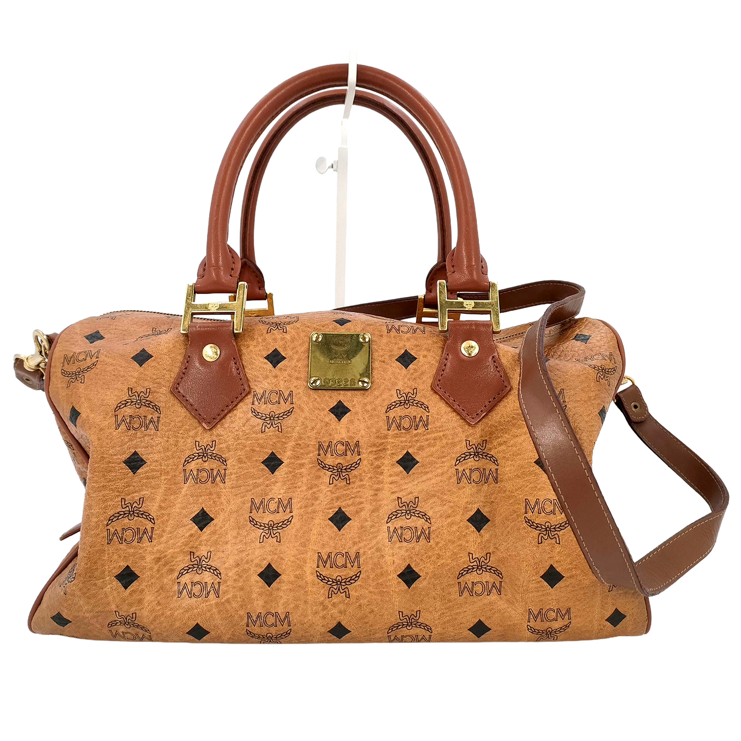 #1141 MCM Boston 34 Bag in Cognac Visetos