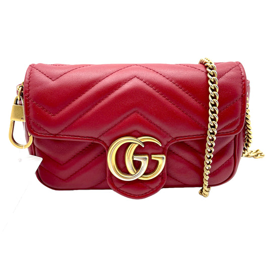 #1180 GUCCI Small GG Marmont Red Leather Matelassé Chevron Shoulder Bag