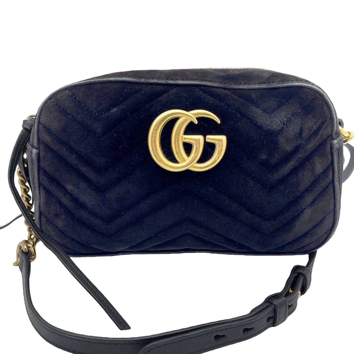 #1181 GUCCI GG Marmont Black Velvet Chevron Shoulder Bag