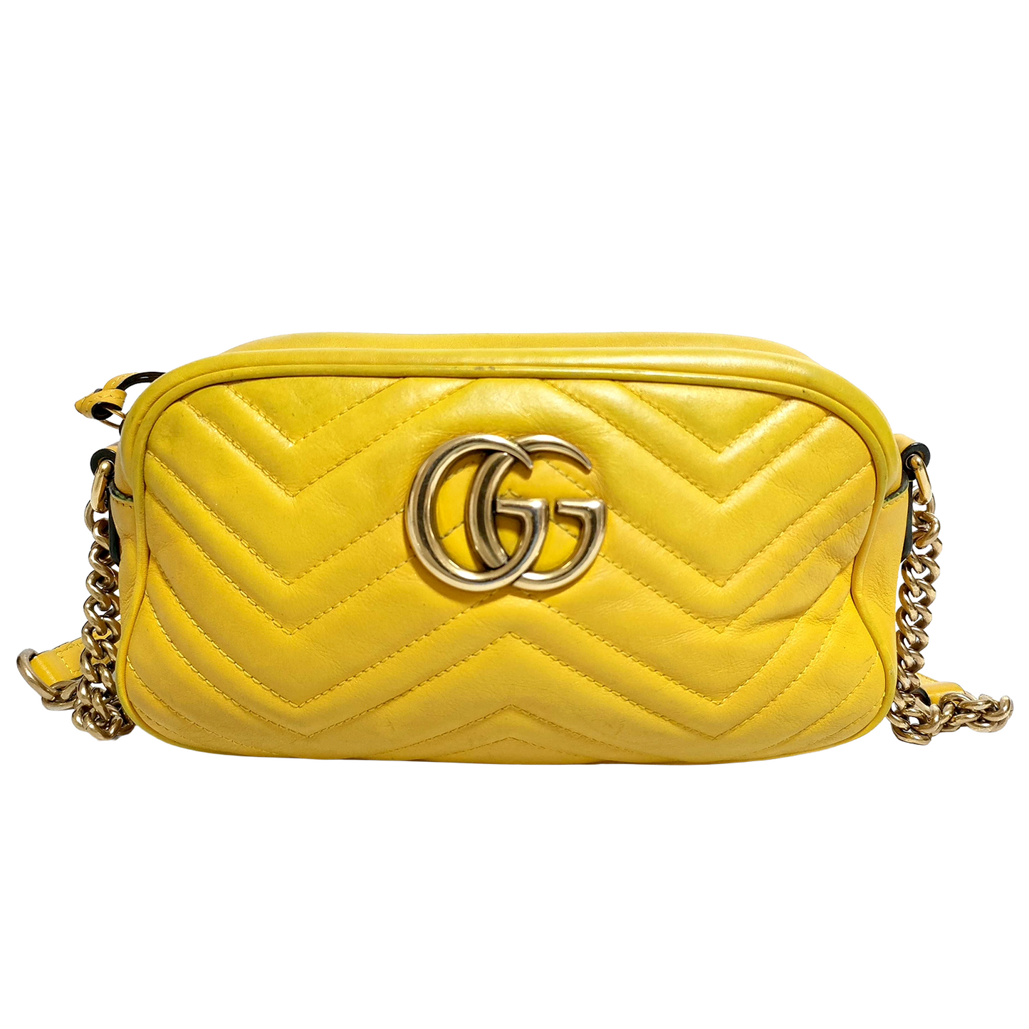 #1182 GUCCI GG Marmont Yellow Leather Matelassé Chevron Shoulder Bag