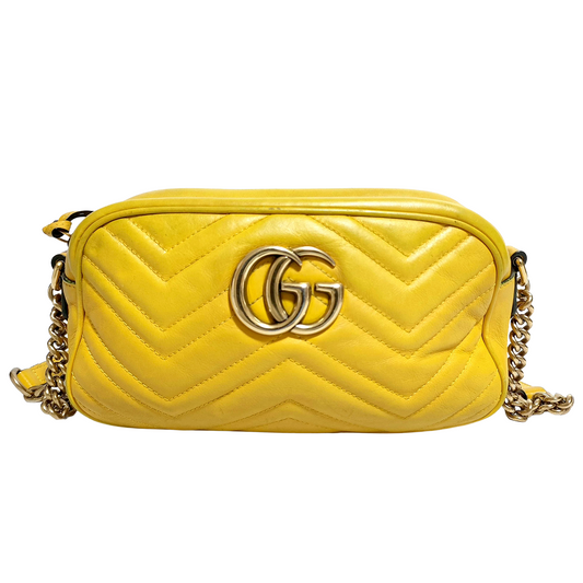#1182 GUCCI GG Marmont Yellow Leather Matelassé Chevron Shoulder Bag