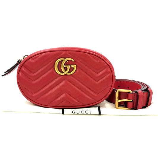 #1183 GUCCI GG Marmont Red Leather Matelassé Chevron Belt Bag