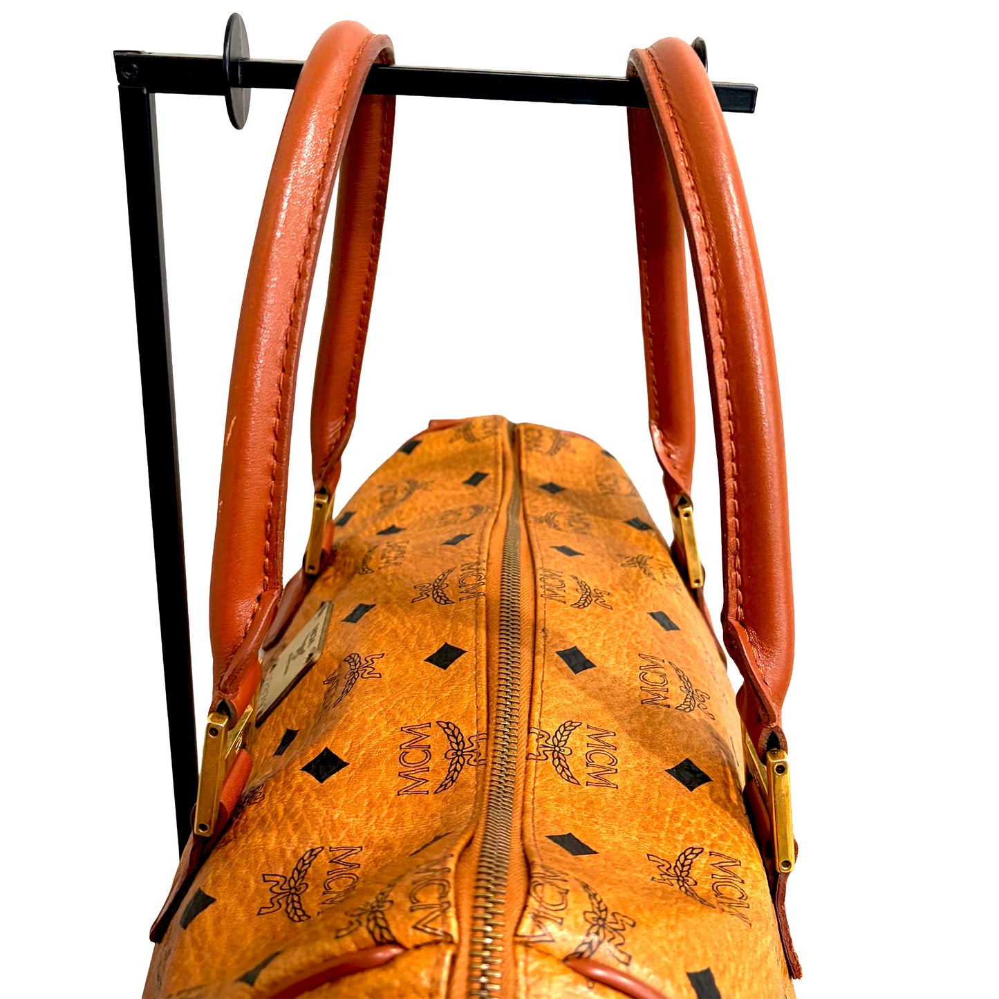 1215-03 MCM Cognac Visetos Coated Canvas & Leather Boston Bag