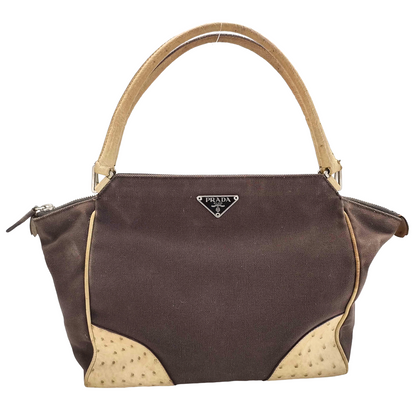 8853 PRADA Brown Canvas and Ostrich Handbag