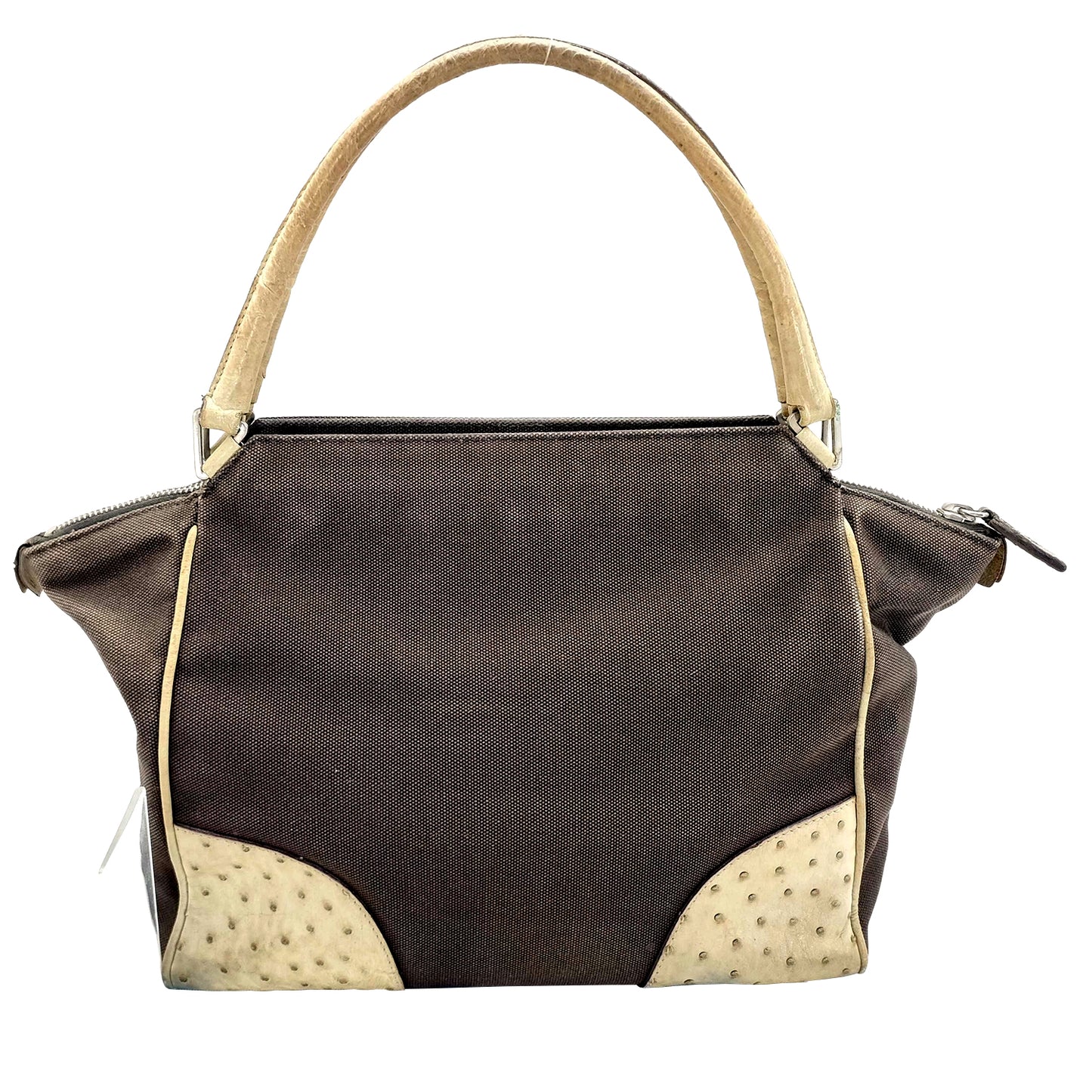 8853 PRADA Brown Canvas and Ostrich Handbag