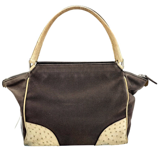 8853 PRADA Brown Canvas and Ostrich Handbag