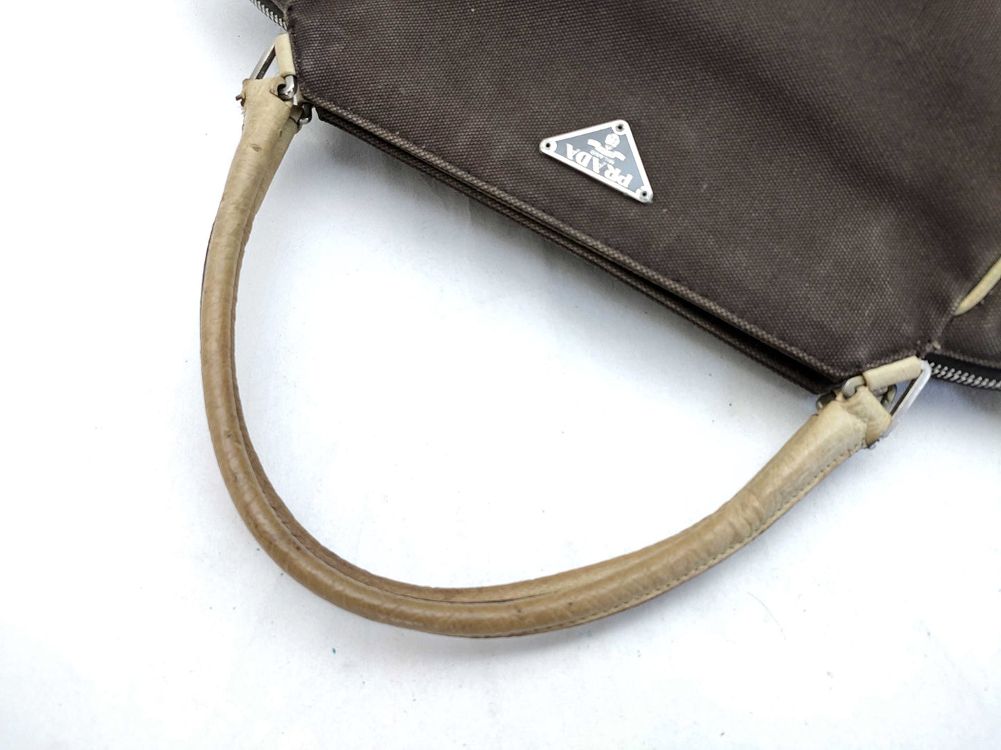 8853 PRADA Brown Canvas and Ostrich Handbag