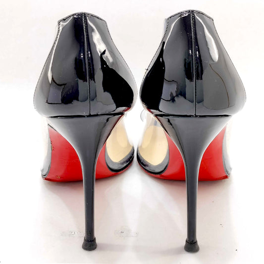 #1228 CHRISTIAN LOUBOUTIN Black Patent & PVC Justinodo Peep Toe Pumps Size 37
