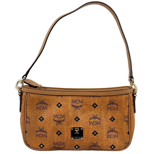 #1147 MCM Studded Baguette Bag in Cognac Visetos