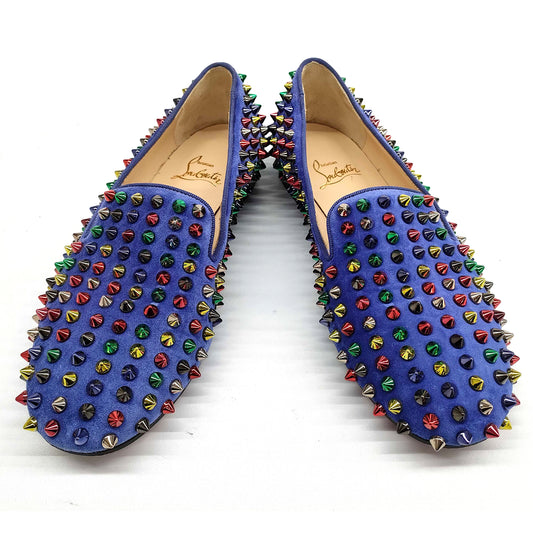 #1232 CHRISTIAN LOUBOUTIN Blue Suede Rolling Spikes Loafers (Size 35.5)