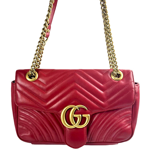 #1179 GUCCI GG Marmont Red Leather Matelassé Chevron Shoulder Bag