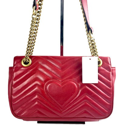 #1179 GUCCI GG Marmont Red Leather Matelassé Chevron Shoulder Bag