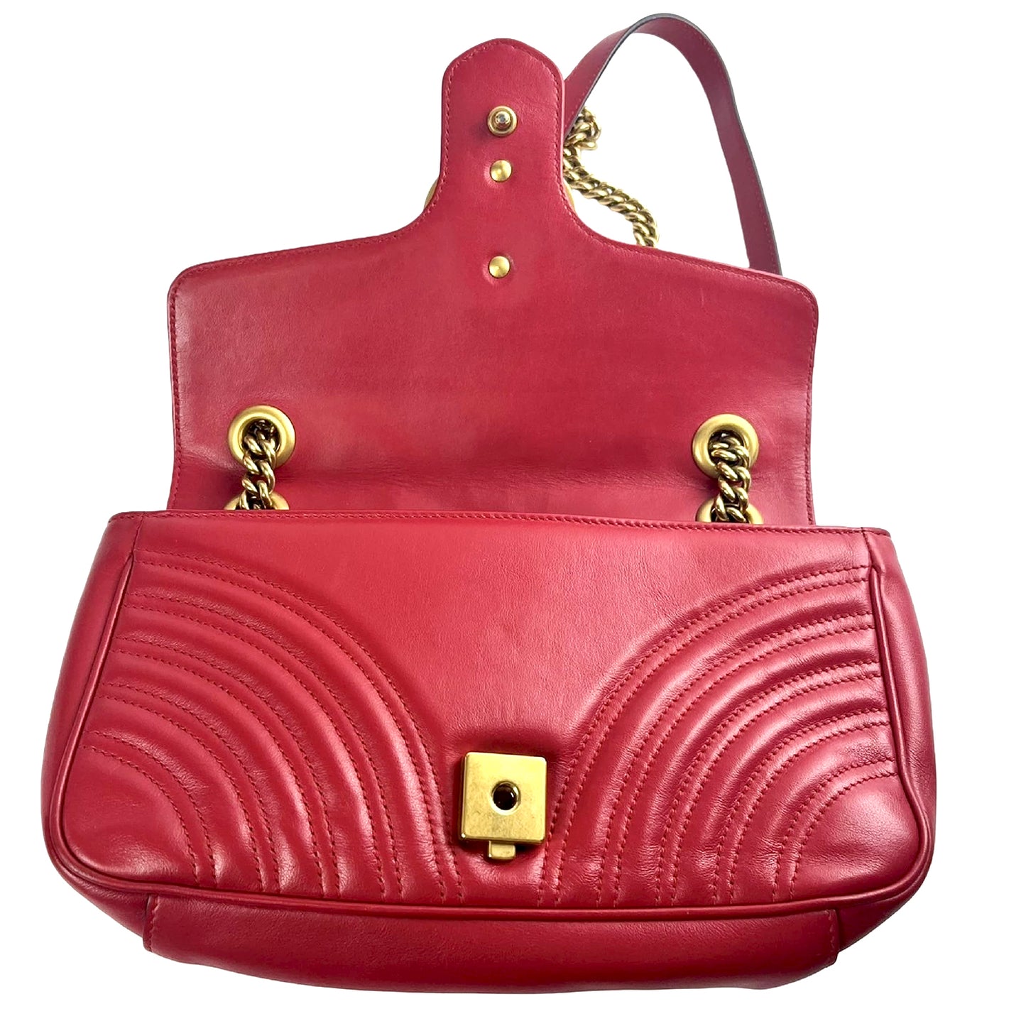 #1179 GUCCI GG Marmont Red Leather Matelassé Chevron Shoulder Bag