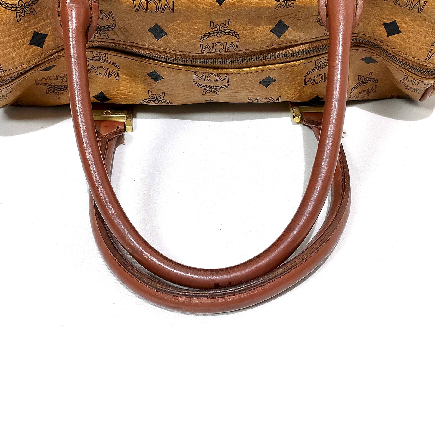 #1142 MCM Boston 32 Bag in Cognac Visetos