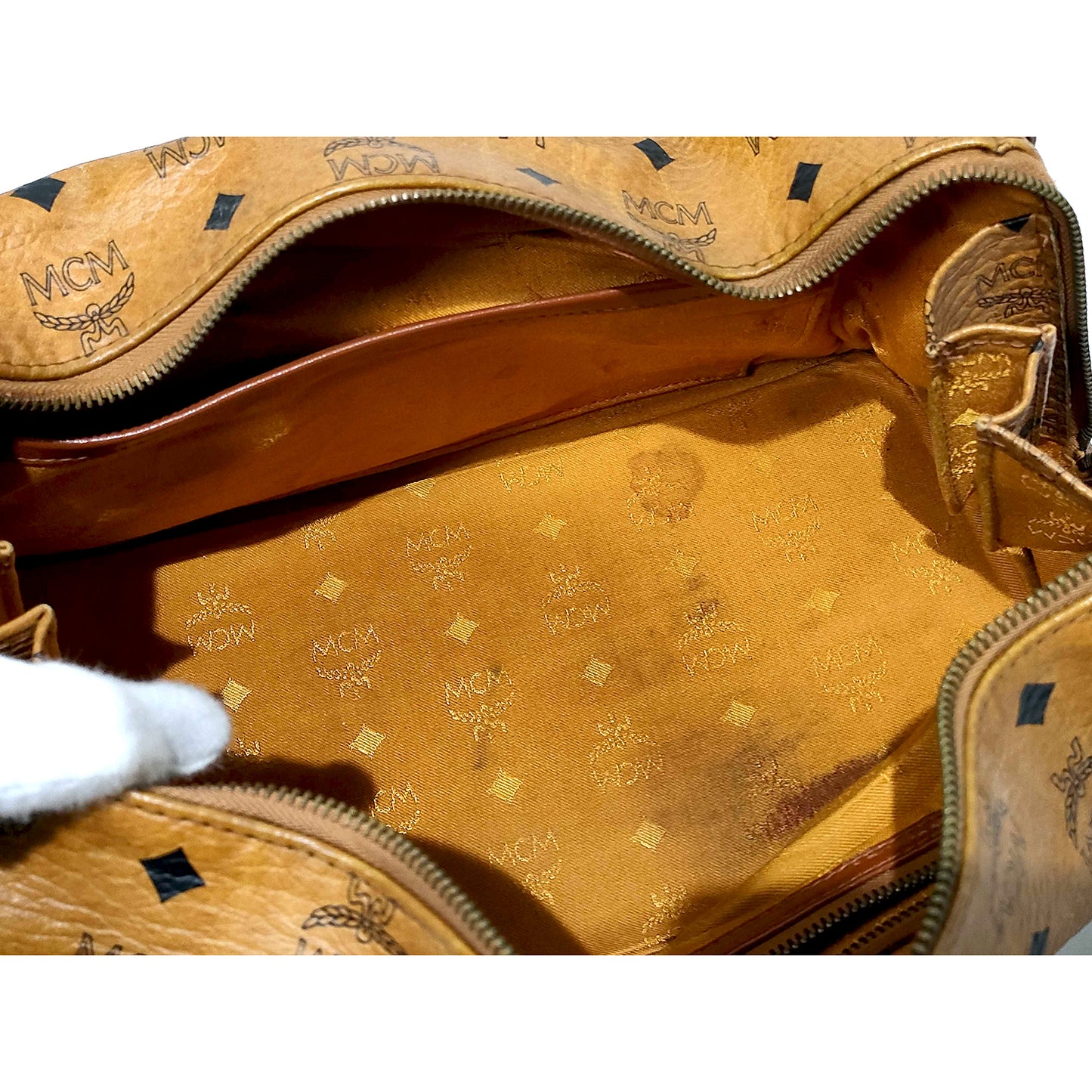 #1142 MCM Boston 32 Bag in Cognac Visetos