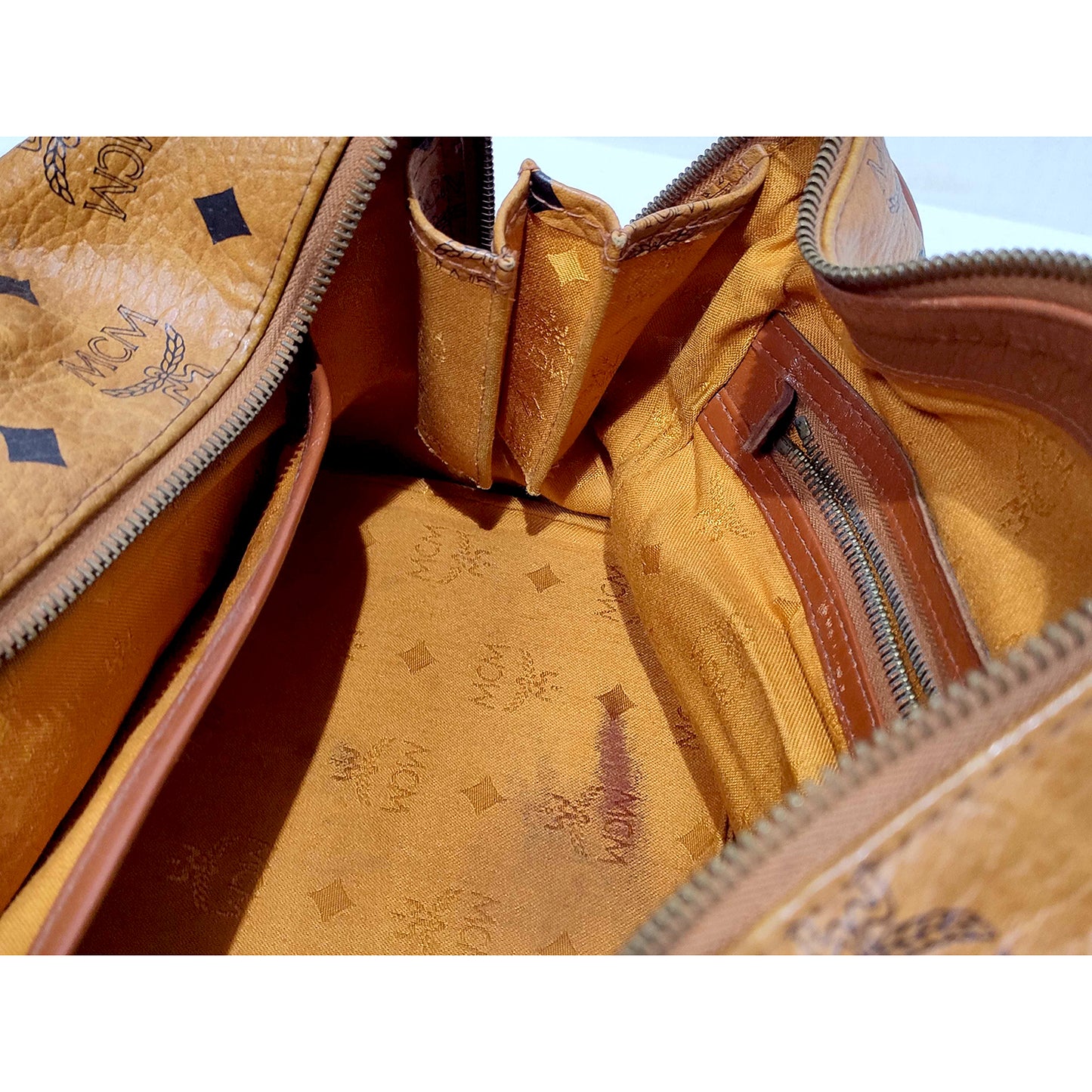 #1142 MCM Boston 32 Bag in Cognac Visetos